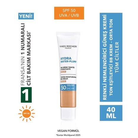Ton Eşitleyici 50 SPF BB Krem (Renkli Nemlendirici Güneş Kremi) - Orta - Kaolin (Beyaz Kil), E Vitamini