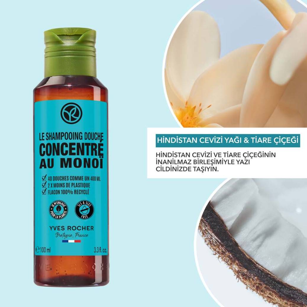 Monoi Konsantre Nemlendirici Saç ve Vücut Şampuanı-Monoi de Tahiti-SLS, SLES içermez-Vegan