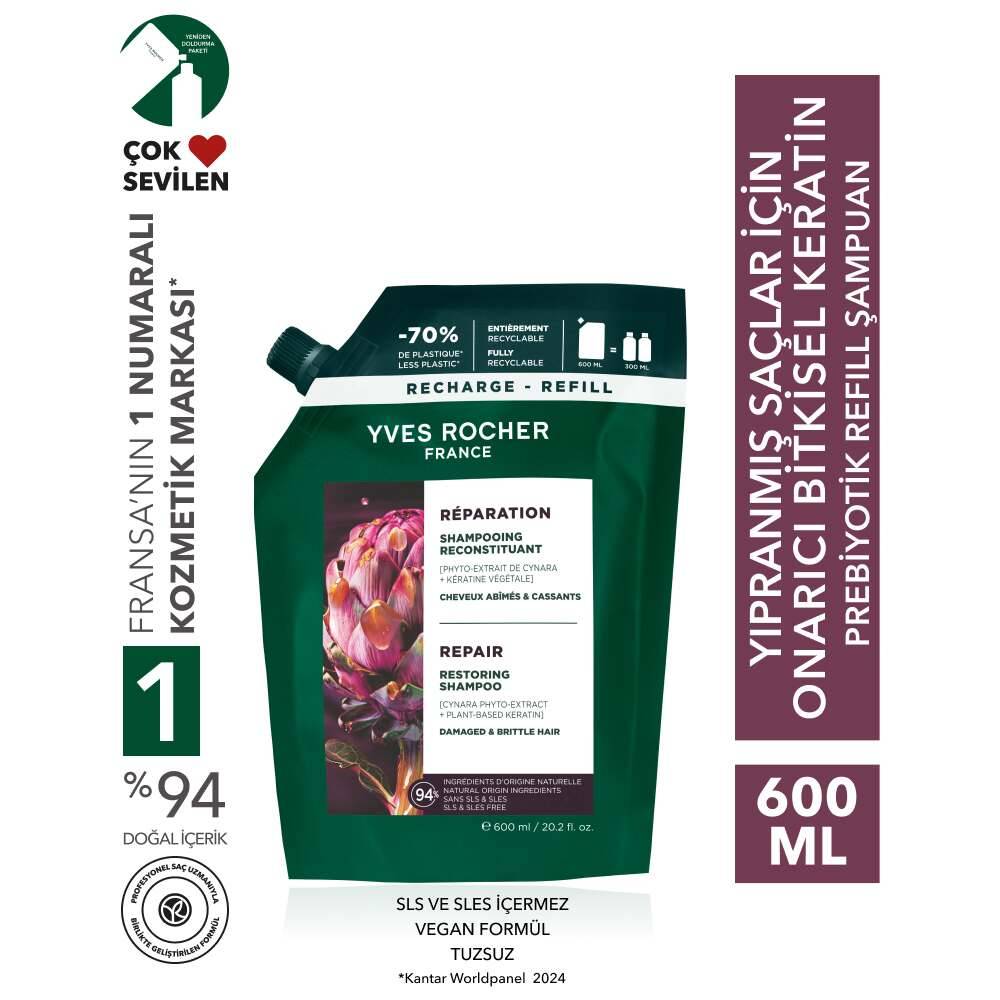 Onarıcı Bitkisel Keratin Prebiyotik Refill Şampuan - Yıpranmış Saçlar - SLS,SLES içermez,Tuzsuz, Vegan