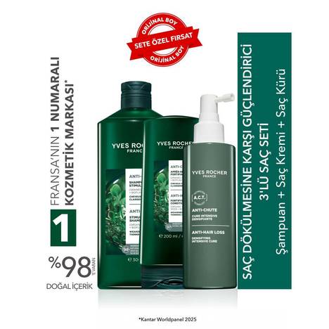 Saç Dökülmesine Karşı Güçlendirici 3'lü Saç Seti-Şampuan 300 ml & Saç Kremi 200 ml & Saç Kürü 195 ml